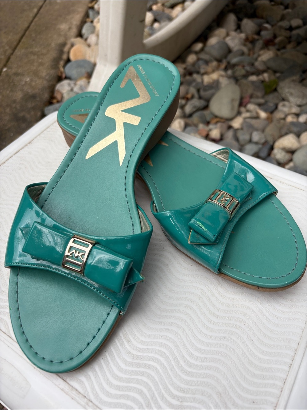 Anne Klein Sport Teal Patent Bow Slide Sandals with Silver-Tone Logo Accent